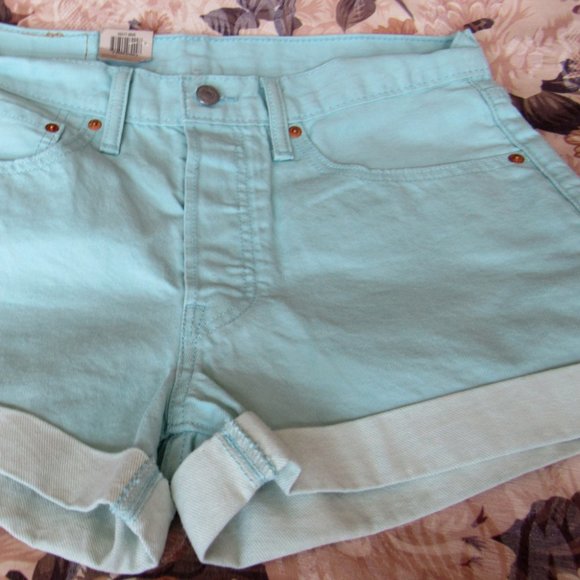 Levi's 501 Women Shorts Color:Aqua sz.30 Cuffed Button Denim - Picture 2 of 5